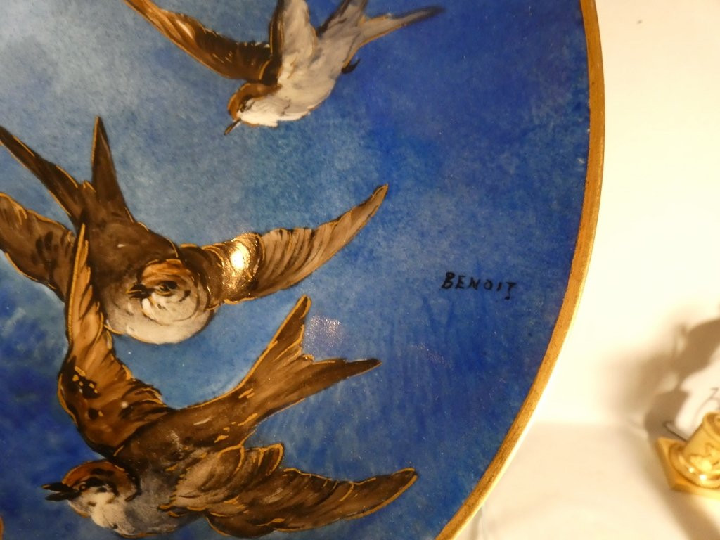 Paire de plats aux oiseaux, moineaux et hirondelles en porcelaine de Limoges peint main-photo-6