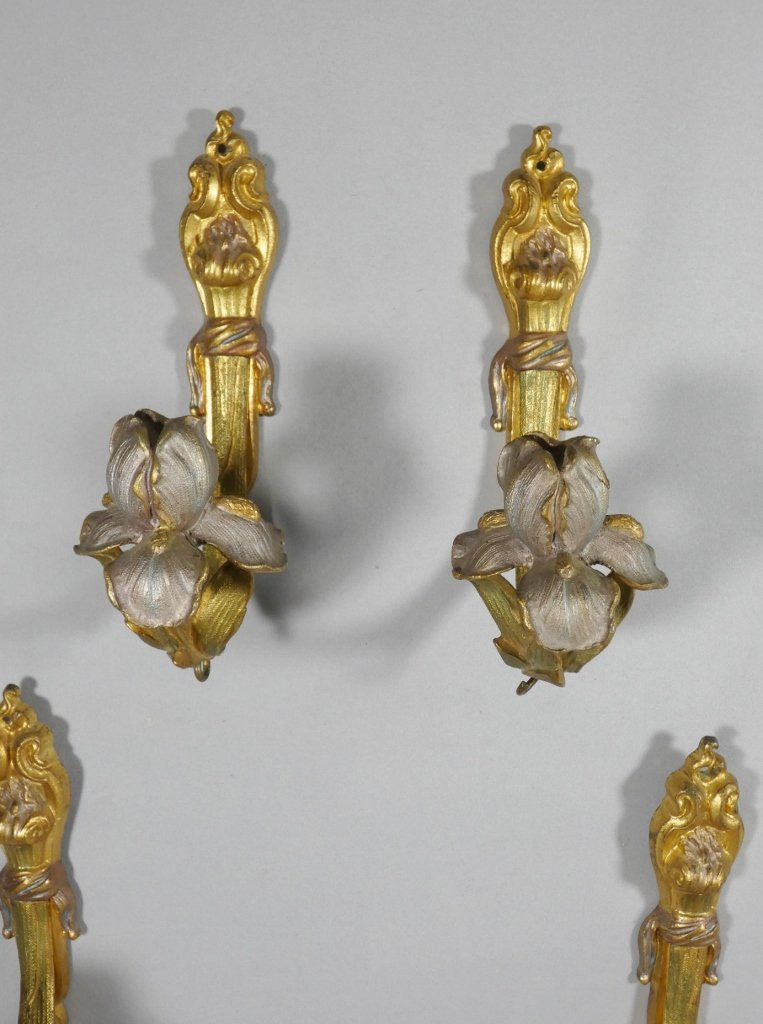 2 paires de porte embrasses de rideaux en bronze doré et argenté aux iris, époque Art Nouveau-photo-2
