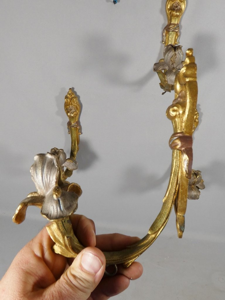 2 paires de porte embrasses de rideaux en bronze doré et argenté aux iris, époque Art Nouveau-photo-4