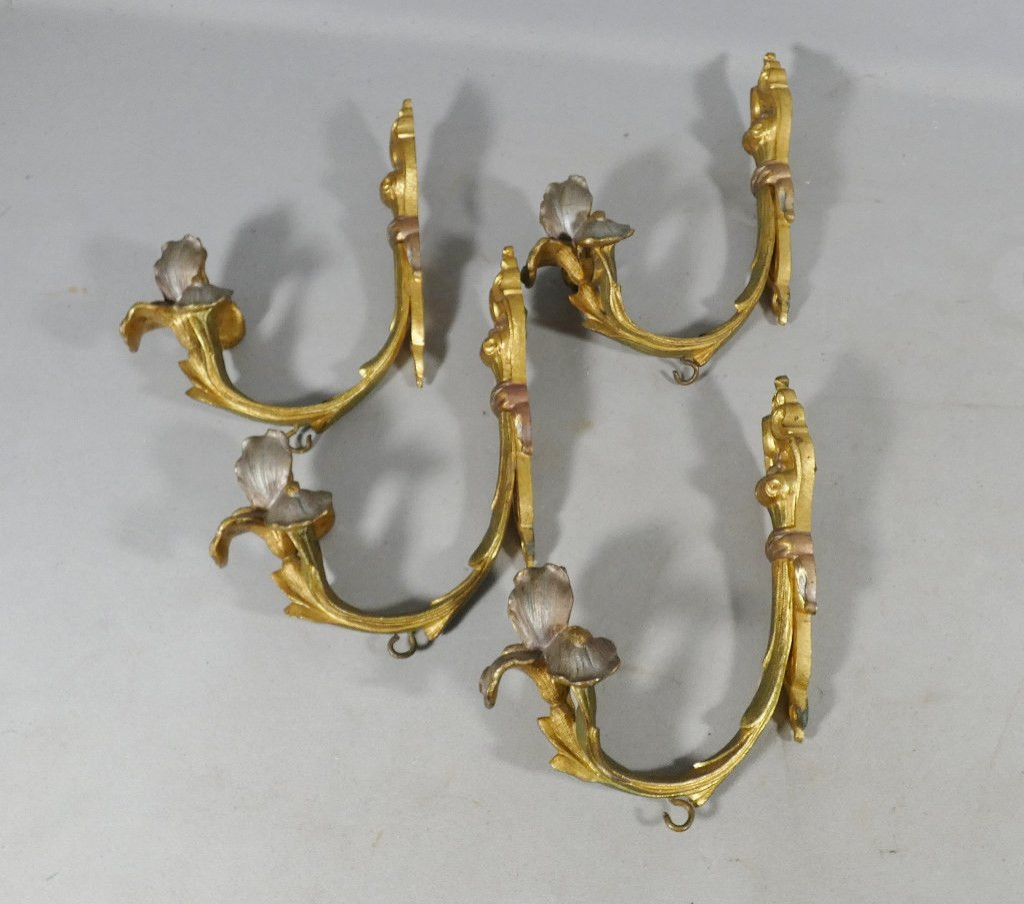 2 paires de porte embrasses de rideaux en bronze doré et argenté aux iris, époque Art Nouveau-photo-6