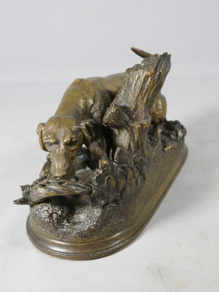 Chien de chasse à l'affût par Moigniez, statuette en bronze animalier, époque XIX ème-photo-2