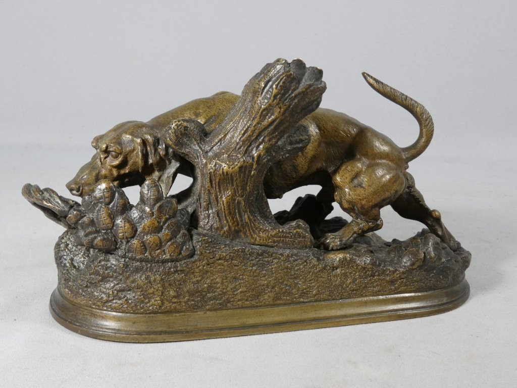 Chien de chasse à l'affût par Moigniez, statuette en bronze animalier, époque XIX ème-photo-3