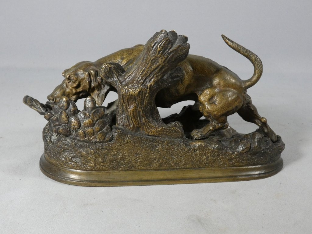 Chien de chasse à l'affût par Moigniez, statuette en bronze animalier, époque XIX ème-photo-4