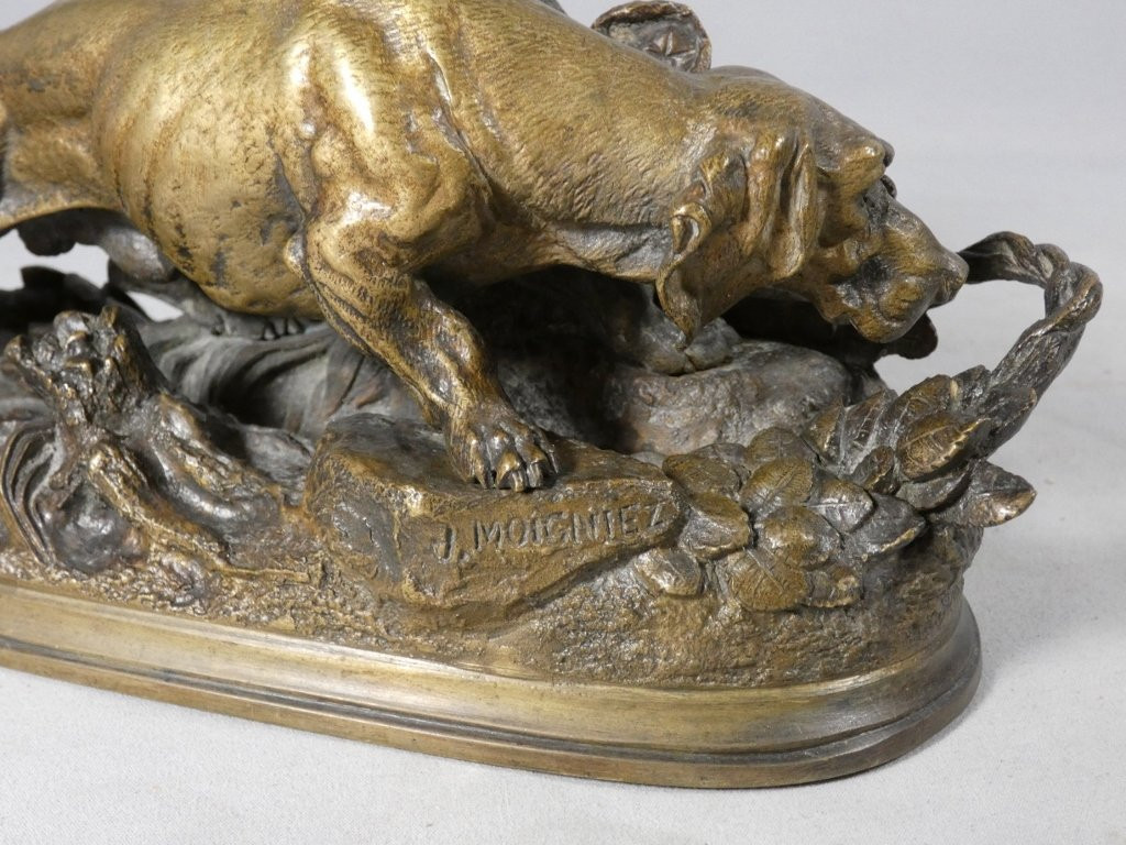 Chien de chasse à l'affût par Moigniez, statuette en bronze animalier, époque XIX ème-photo-3