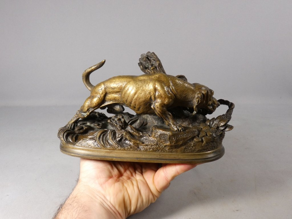 Chien de chasse à l'affût par Moigniez, statuette en bronze animalier, époque XIX ème-photo-7