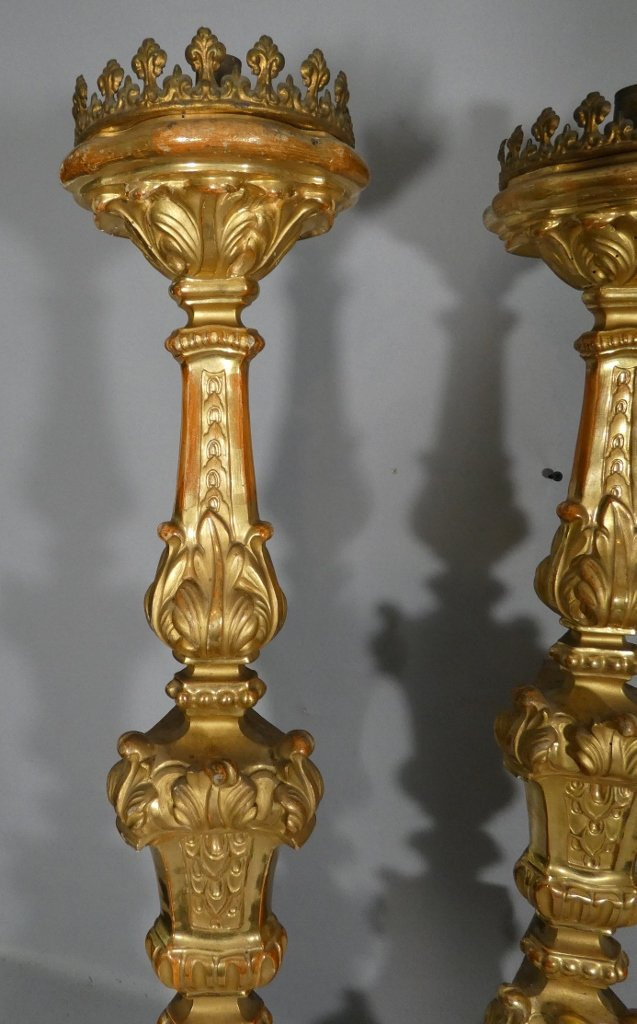H 85 cm!! ensemble de 4 grands pique cierges en bois sculpté doré époque Louis XIV, XVIII ème-photo-3