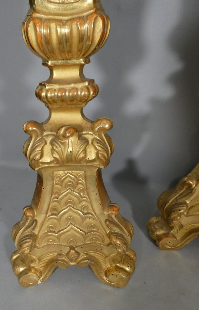 H 85 cm!! ensemble de 4 grands pique cierges en bois sculpté doré époque Louis XIV, XVIII ème-photo-4
