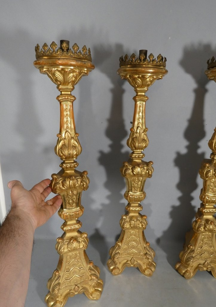 H 85 cm!! ensemble de 4 grands pique cierges en bois sculpté doré époque Louis XIV, XVIII ème-photo-1