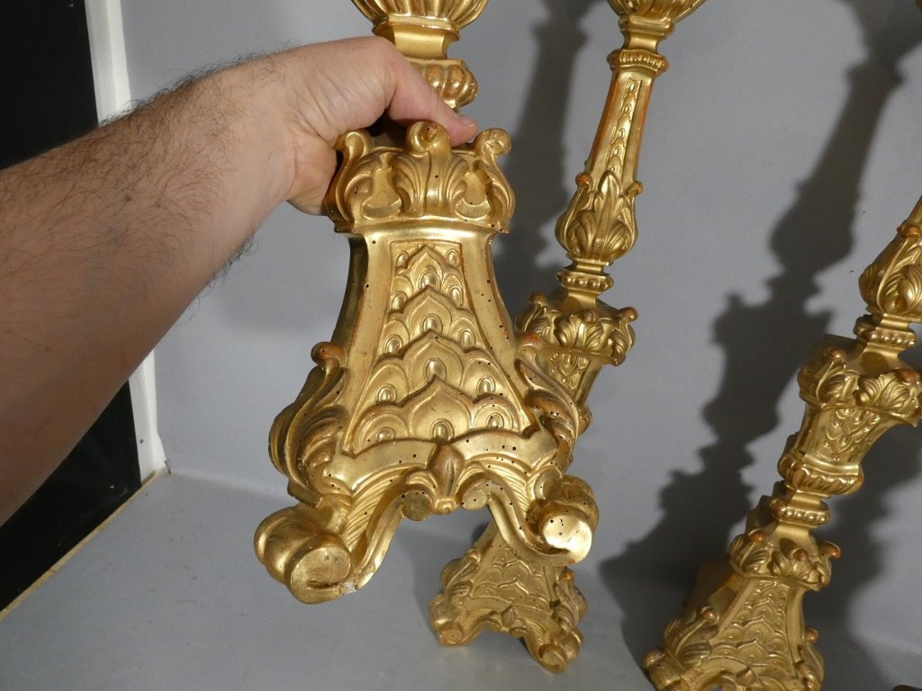 H 85 cm!! ensemble de 4 grands pique cierges en bois sculpté doré époque Louis XIV, XVIII ème-photo-2