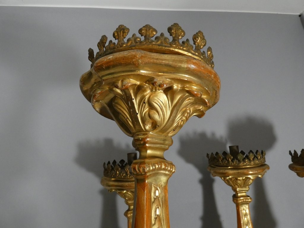 H 85 cm!! ensemble de 4 grands pique cierges en bois sculpté doré époque Louis XIV, XVIII ème-photo-3