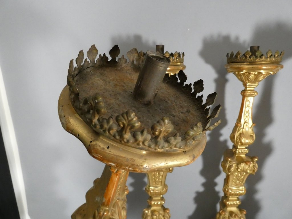 H 85 cm!! ensemble de 4 grands pique cierges en bois sculpté doré époque Louis XIV, XVIII ème-photo-4