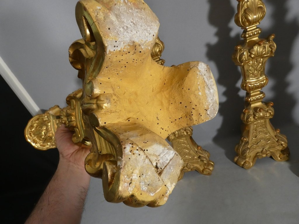 H 85 cm!! ensemble de 4 grands pique cierges en bois sculpté doré époque Louis XIV, XVIII ème-photo-5