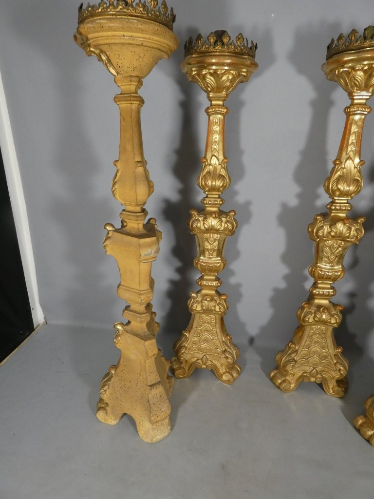 H 85 cm!! ensemble de 4 grands pique cierges en bois sculpté doré époque Louis XIV, XVIII ème-photo-6