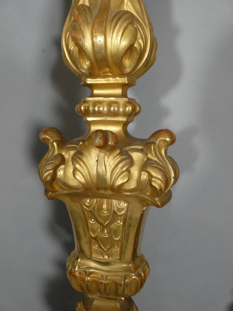 H 85 cm!! ensemble de 4 grands pique cierges en bois sculpté doré époque Louis XIV, XVIII ème-photo-7