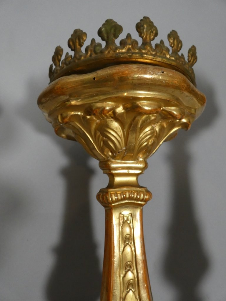 H 85 cm!! ensemble de 4 grands pique cierges en bois sculpté doré époque Louis XIV, XVIII ème-photo-8