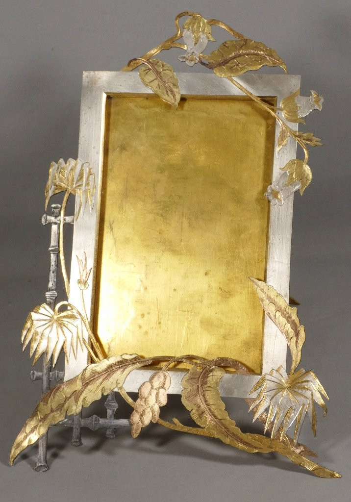 Cadre photo naturaliste exotique en bronze argenté, doré et cuivré, époque fin XIX ème-photo-2