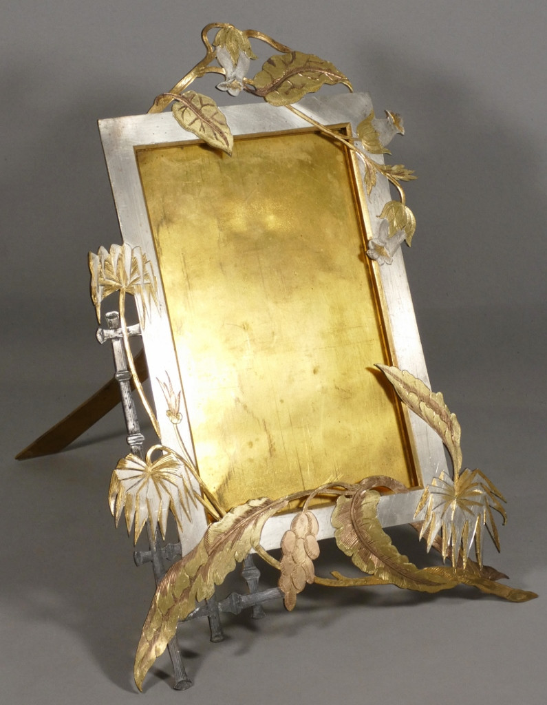 Cadre photo naturaliste exotique en bronze argenté, doré et cuivré, époque fin XIX ème