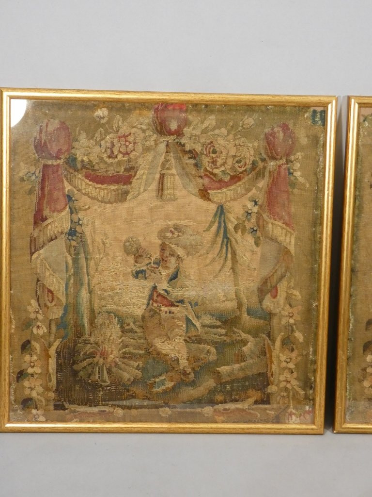 Paire de fragments de tapisserie d'époque XVII ème siècle, tableaux encadrés-photo-2