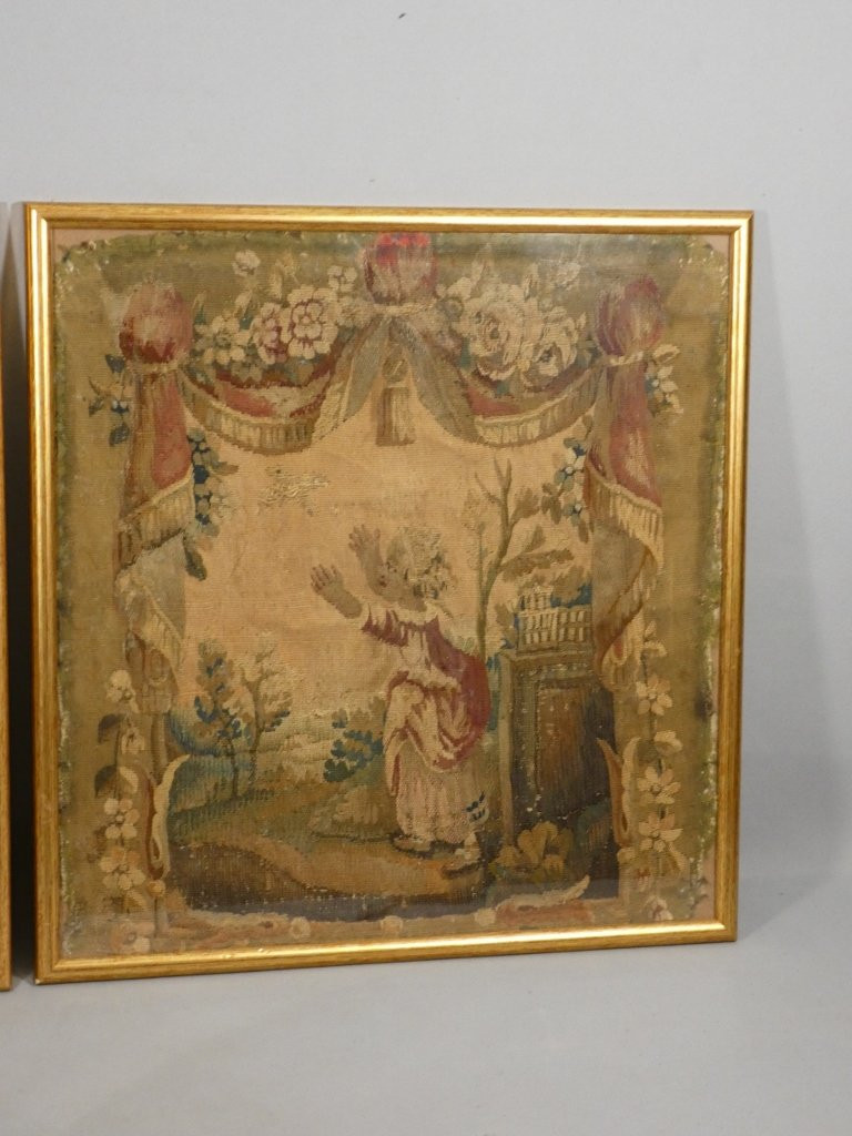 Paire de fragments de tapisserie d'époque XVII ème siècle, tableaux encadrés-photo-3
