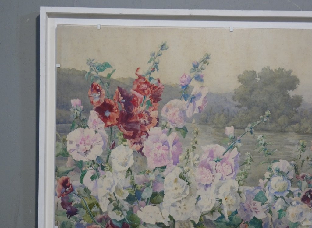 Les roses trémières, très grande aquarelle par Andrée Langrand-photo-2