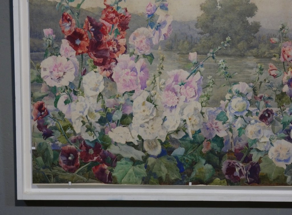 Les roses trémières, très grande aquarelle par Andrée Langrand-photo-3
