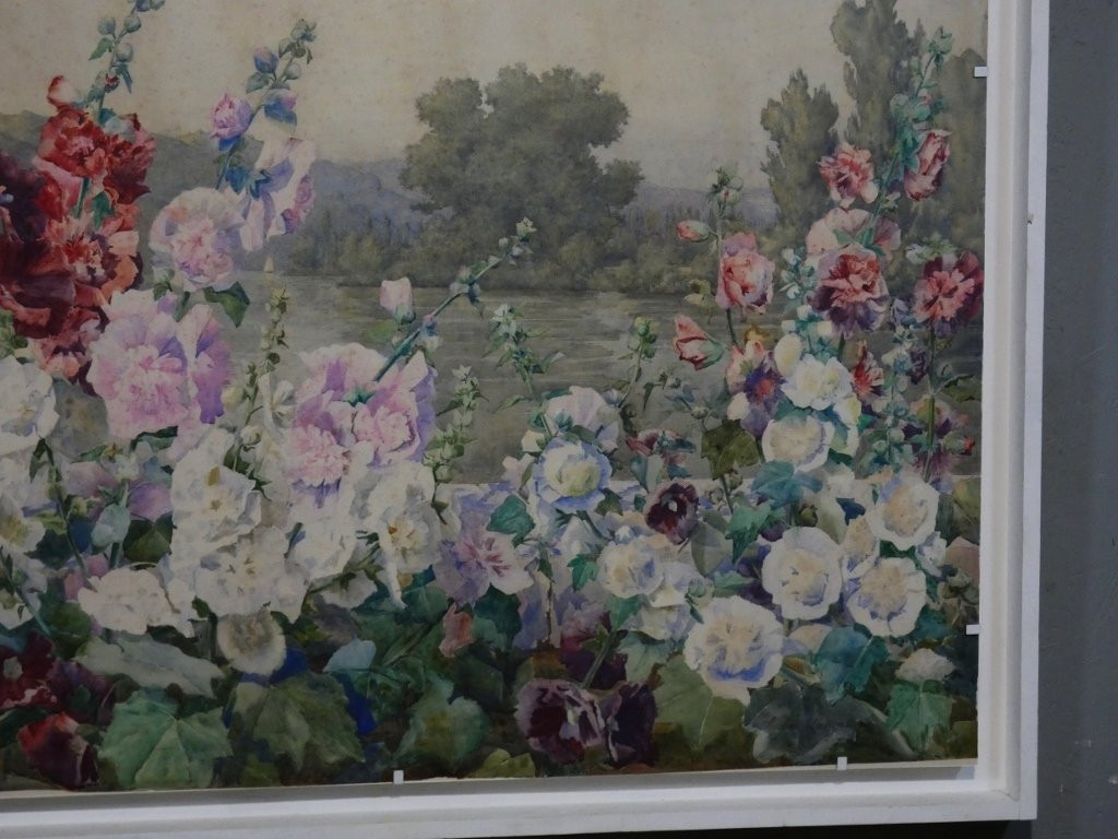 Les roses trémières, très grande aquarelle par Andrée Langrand-photo-4