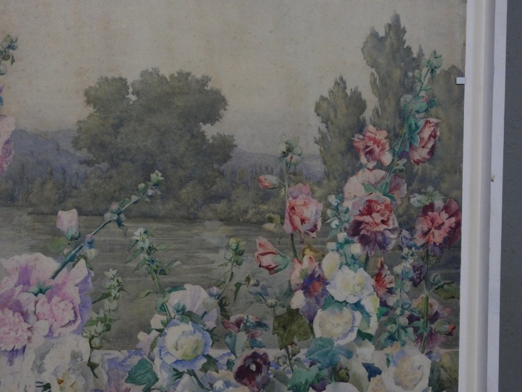 Les roses trémières, très grande aquarelle par Andrée Langrand-photo-1