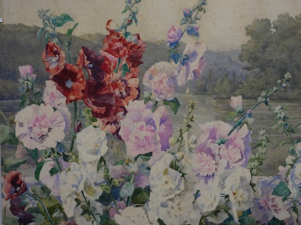 Les roses trémières, très grande aquarelle par Andrée Langrand-photo-2