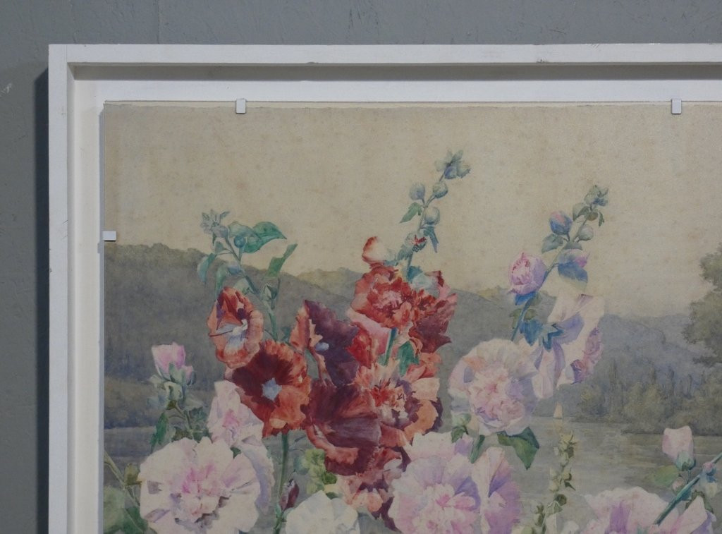 Les roses trémières, très grande aquarelle par Andrée Langrand-photo-3