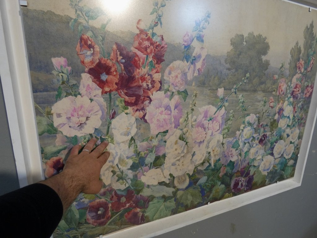 Les roses trémières, très grande aquarelle par Andrée Langrand-photo-4