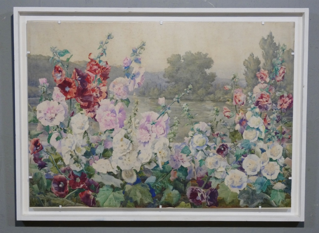 Les roses trémières, très grande aquarelle par Andrée Langrand