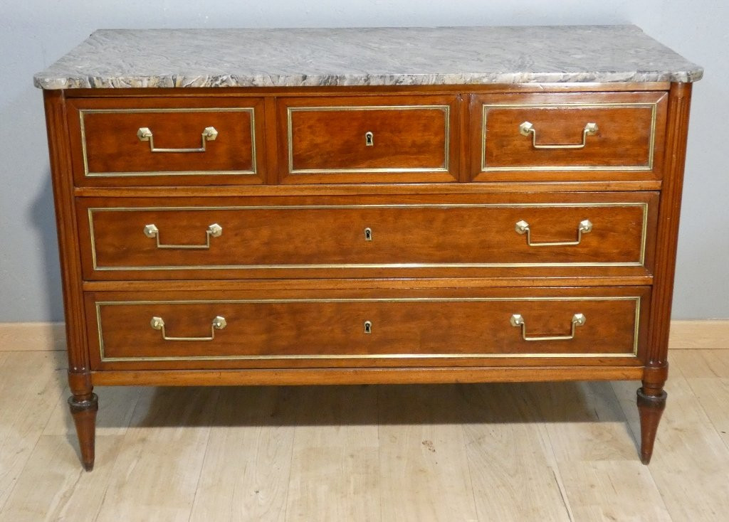 Estampille Sotto, commode d'époque Louis XVI en acajou et marbre brèche fossile grisn XVIII ème-photo-2