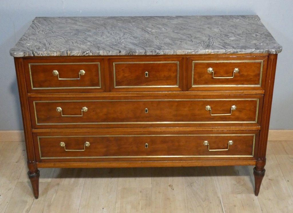 Estampille Sotto, commode d'époque Louis XVI en acajou et marbre brèche fossile grisn XVIII ème-photo-3