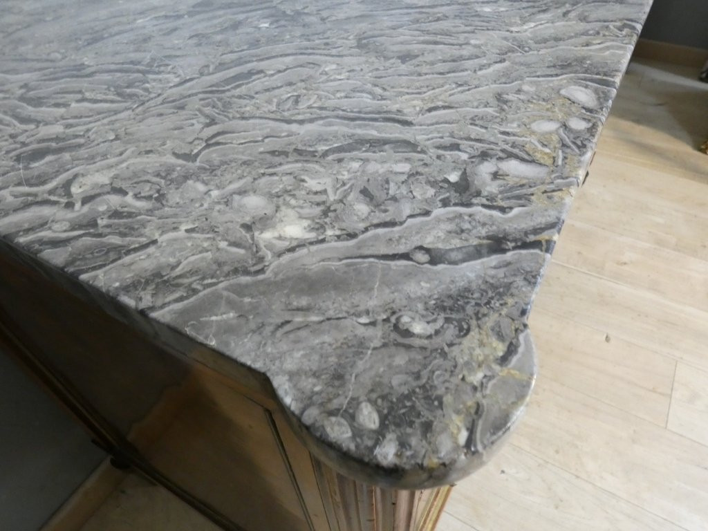 Estampille Sotto, commode d'époque Louis XVI en acajou et marbre brèche fossile grisn XVIII ème-photo-5