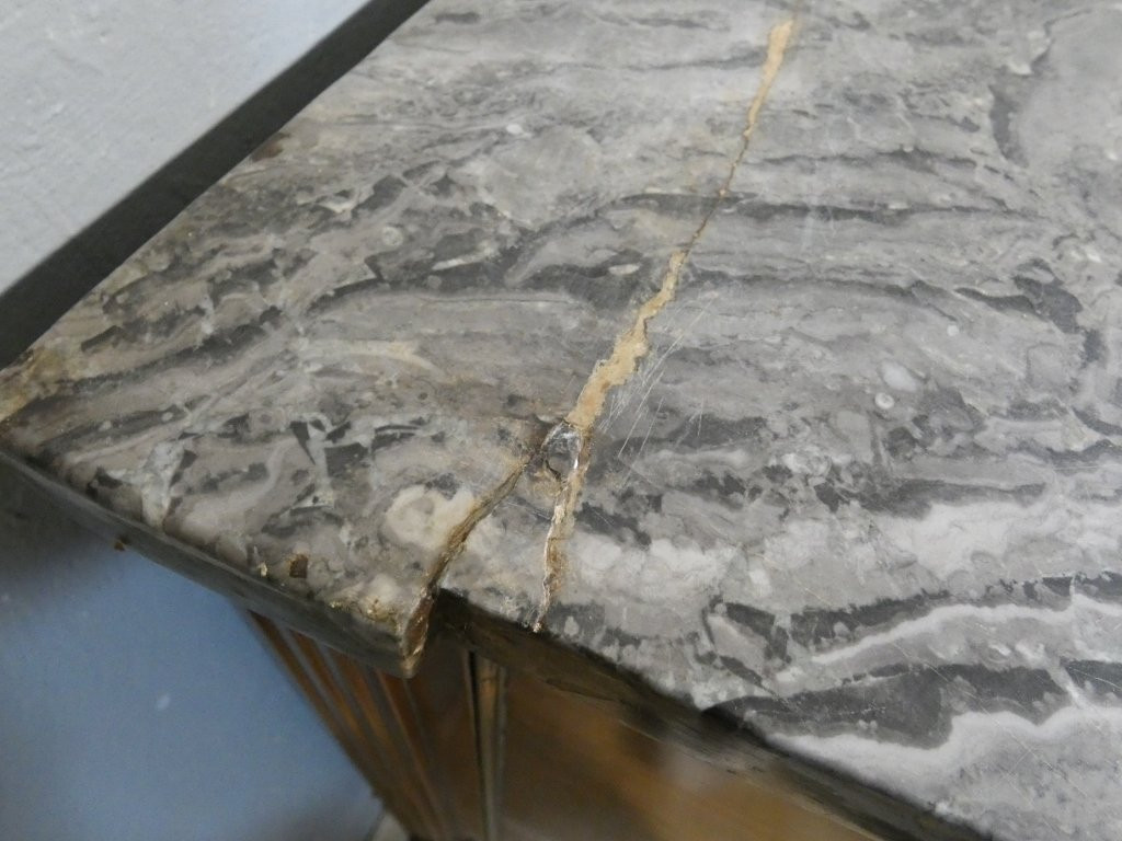 Estampille Sotto, commode d'époque Louis XVI en acajou et marbre brèche fossile grisn XVIII ème-photo-7