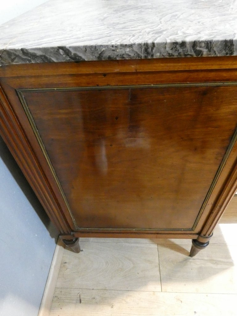 Estampille Sotto, commode d'époque Louis XVI en acajou et marbre brèche fossile grisn XVIII ème-photo-8