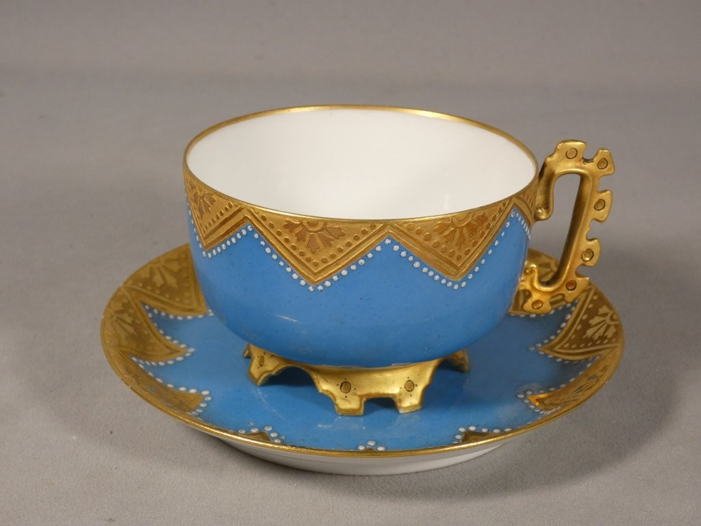 Tasse de collection turquoise et incrustation d'or, porcelaine de Limoges-photo-4