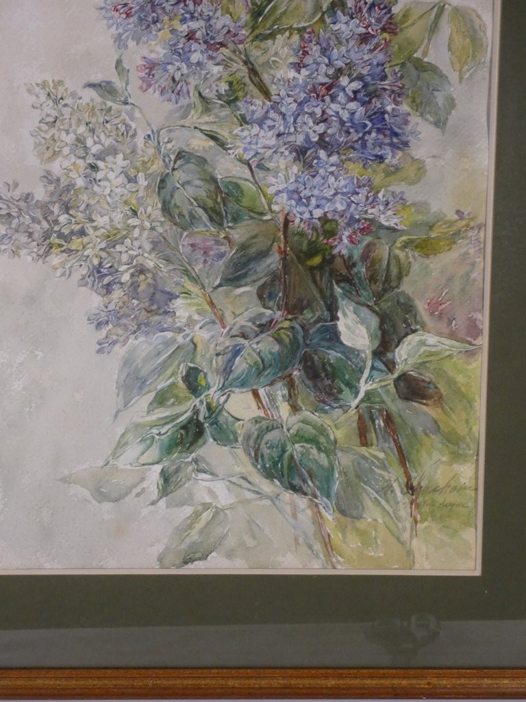 The Lilac, Large Still Life Watercolor, Mid-20th Century-photo-1