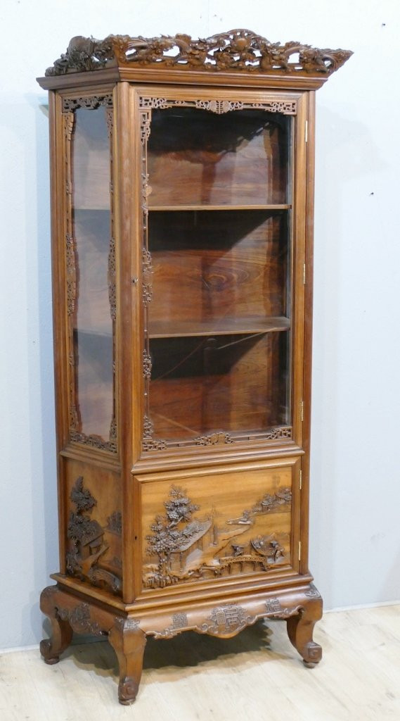 Vitrine Indochinoise En Palissandre , Décor Sculpté De Paysages Asiatiques, Fin XIX ème -photo-2