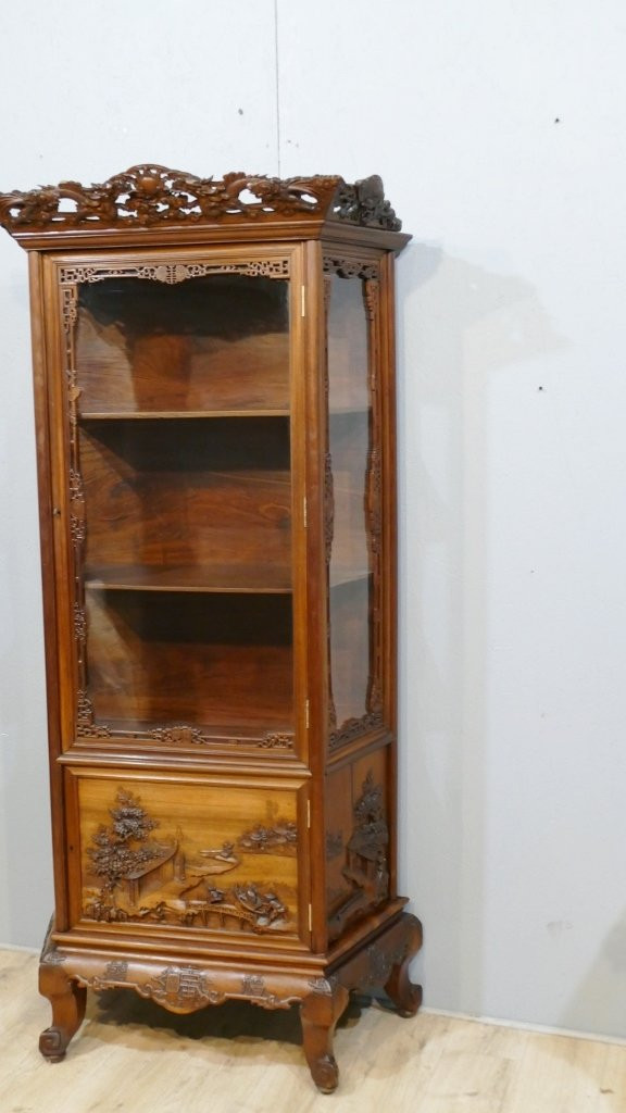 Vitrine Indochinoise En Palissandre , Décor Sculpté De Paysages Asiatiques, Fin XIX ème -photo-3
