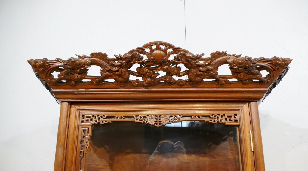 Vitrine Indochinoise En Palissandre , Décor Sculpté De Paysages Asiatiques, Fin XIX ème -photo-4