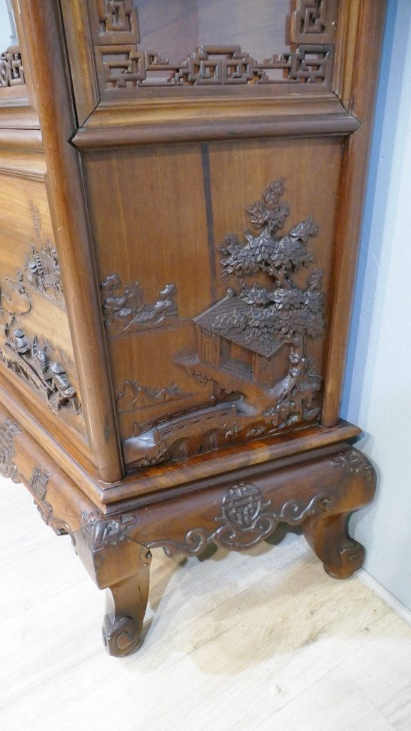 Vitrine Indochinoise En Palissandre , Décor Sculpté De Paysages Asiatiques, Fin XIX ème -photo-1