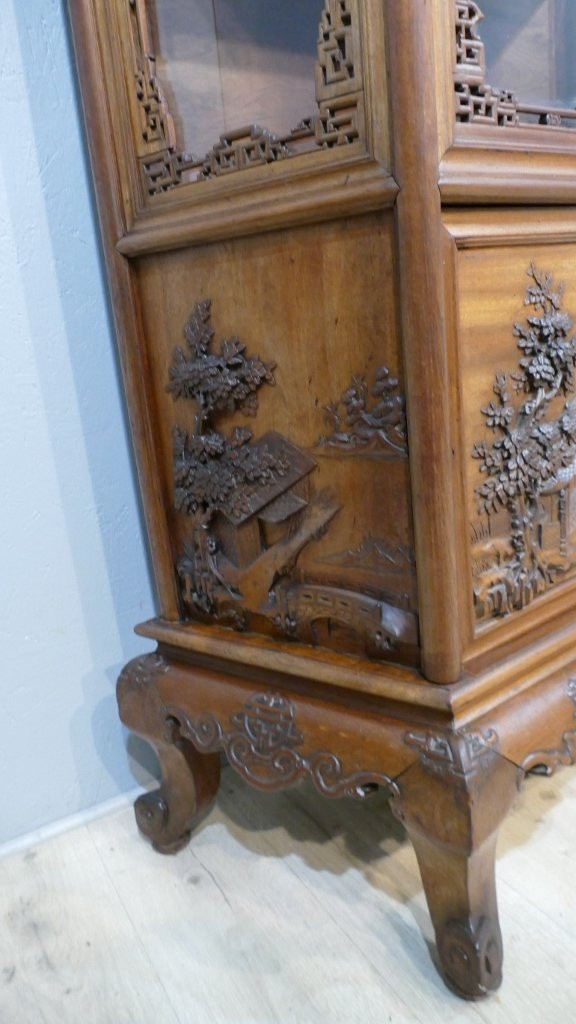 Vitrine Indochinoise En Palissandre , Décor Sculpté De Paysages Asiatiques, Fin XIX ème -photo-3