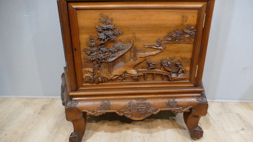 Vitrine Indochinoise En Palissandre , Décor Sculpté De Paysages Asiatiques, Fin XIX ème -photo-8