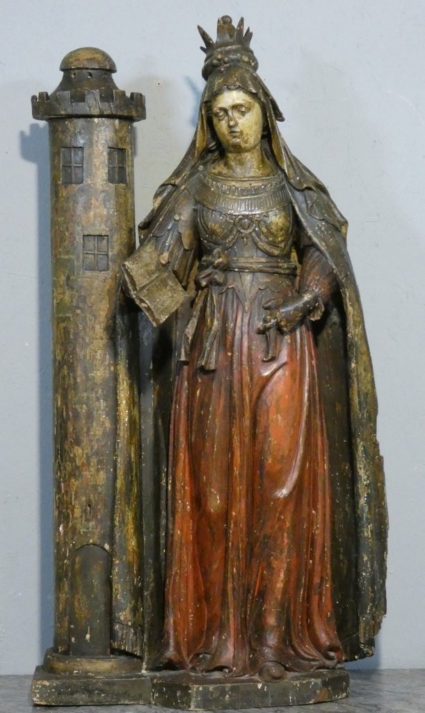 Sainte Barbe, Statue 1.25 M High, Polychrome Wood Carving, 17th Century-photo-2