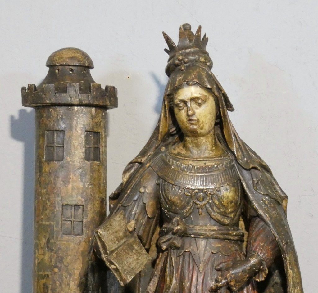 Sainte Barbe, Statue 1.25 M High, Polychrome Wood Carving, 17th Century-photo-3