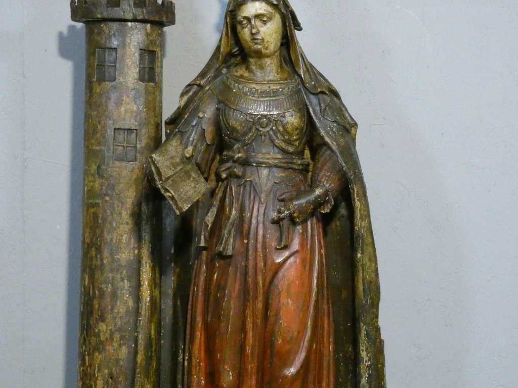 Sainte Barbe, Statue 1.25 M High, Polychrome Wood Carving, 17th Century-photo-4