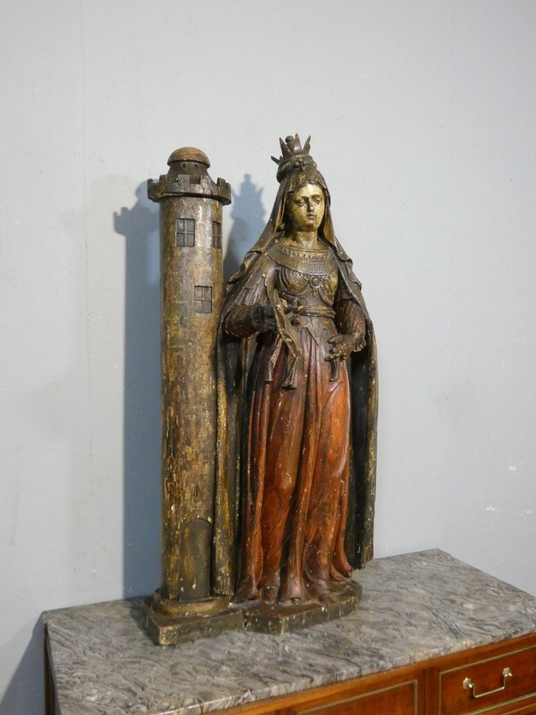 Sainte Barbe, Statue 1.25 M High, Polychrome Wood Carving, 17th Century-photo-1