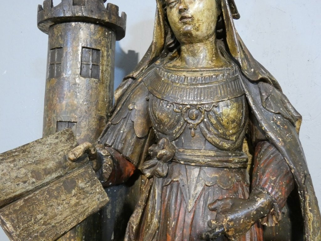Sainte Barbe, Statue 1.25 M High, Polychrome Wood Carving, 17th Century-photo-3