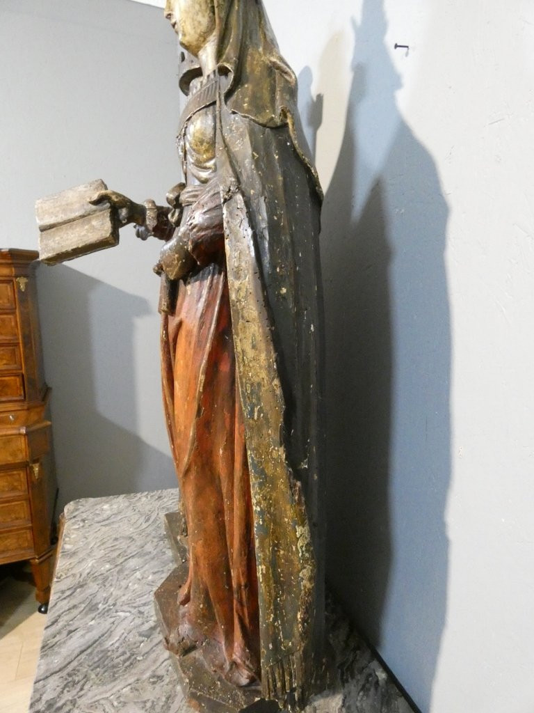 Sainte Barbe, Statue 1.25 M High, Polychrome Wood Carving, 17th Century-photo-7